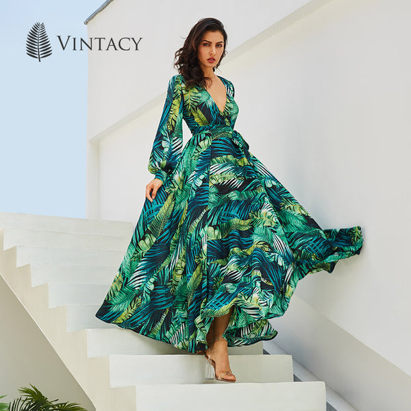 Vintacy Long Sleeve Dress Green Tropical Beach